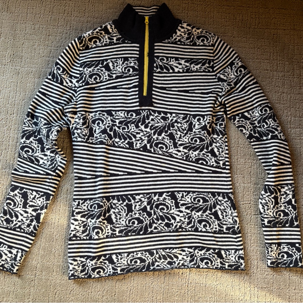 Title Nine Black and White Striped Sweater with Yellow Trim